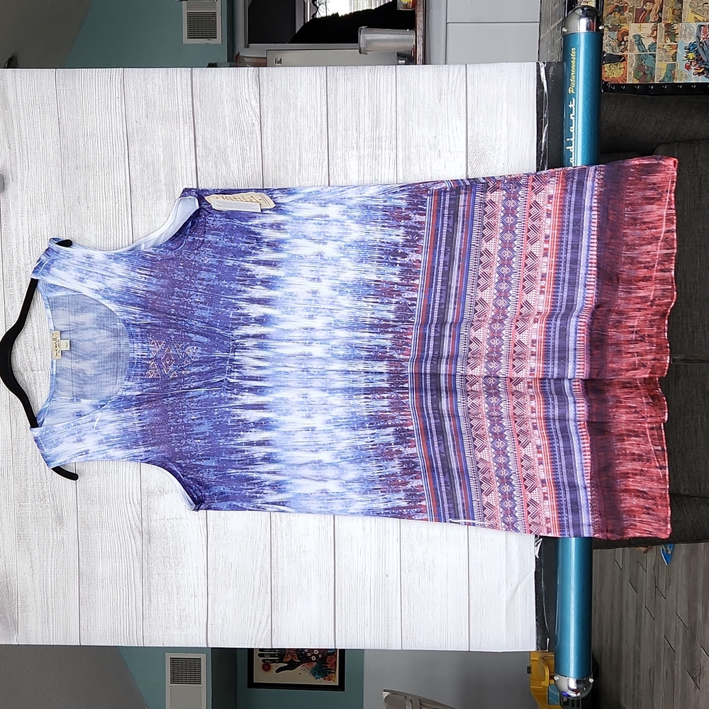 One world red and blue print midi dress